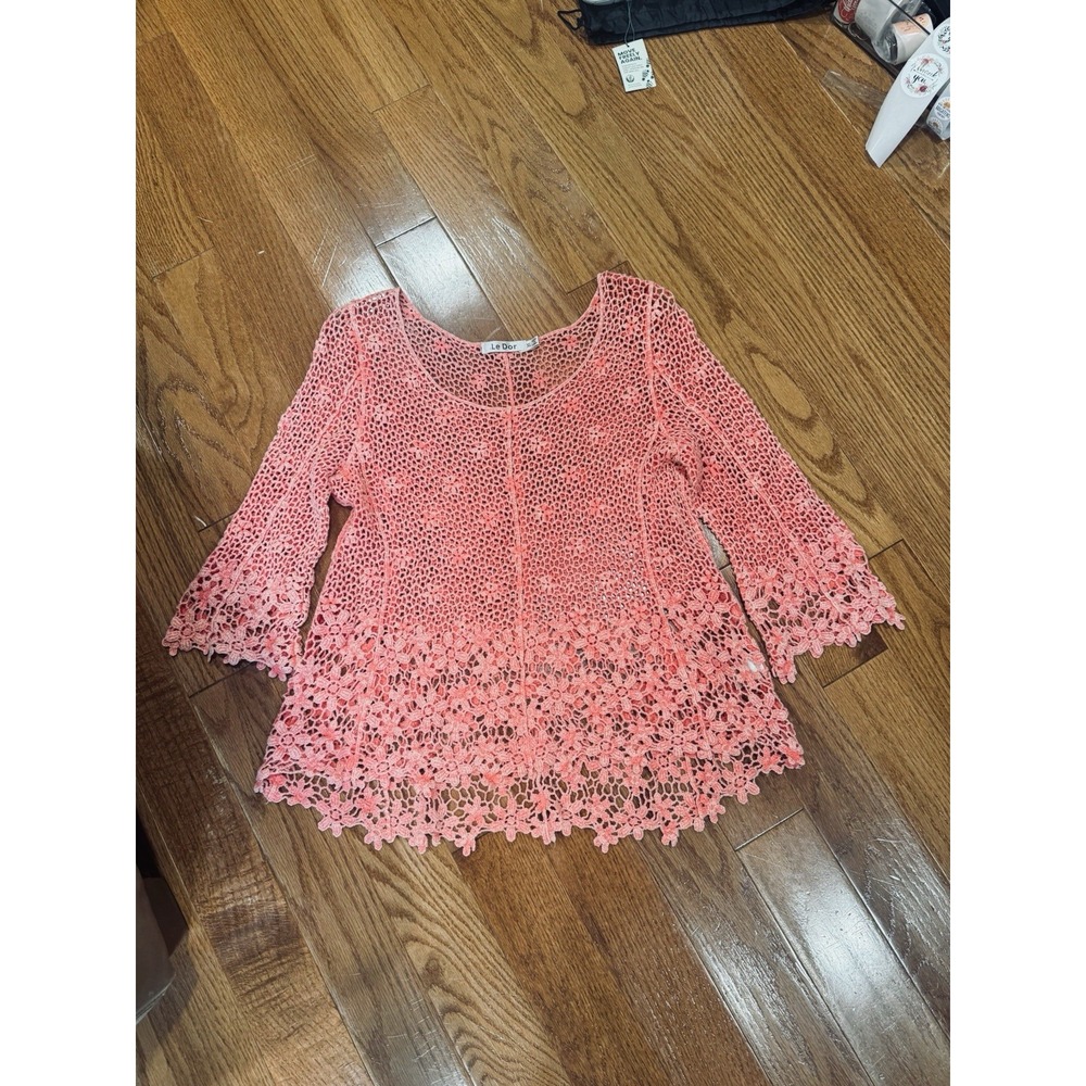 Le Dor Coral Pink Open Knit Crochet Top Bell Sleeves XL *Fits Like M/L Romantic